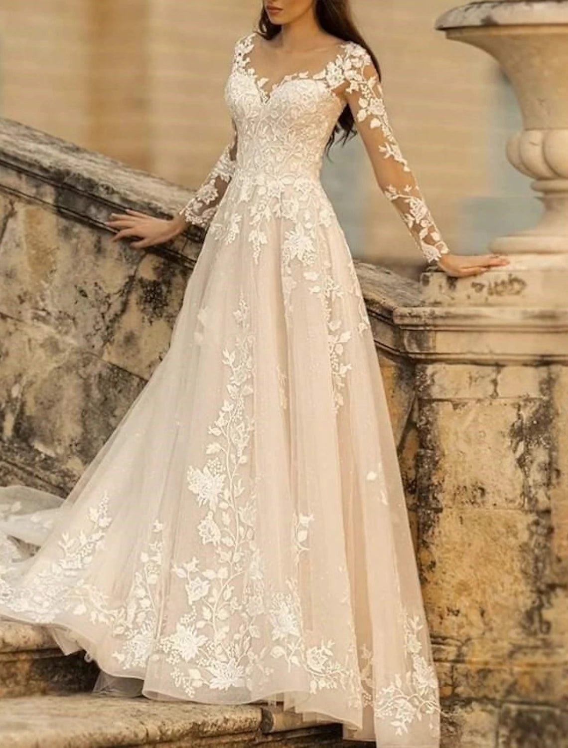 Wholesale Beach Formal Wedding Dresses A-Line V Neck Long Sleeve Sweep / Brush Train Lace Bridal Gowns With Flower Solid Color